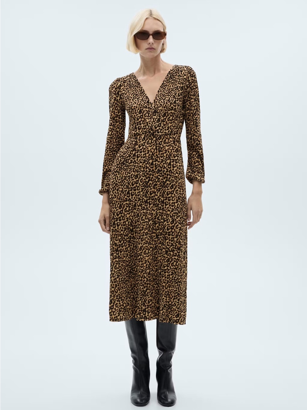 MANGO XS/ 2 Leopard Print Long Sleeve Wrap Dress - Beige/Black